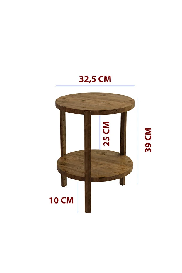Miray Atlantik Çam 2 Katlı Yuvarlak Ahşap Çok Amaçlı Sehpa / Saksılık-Çiçeklik / Dekoratif Raf